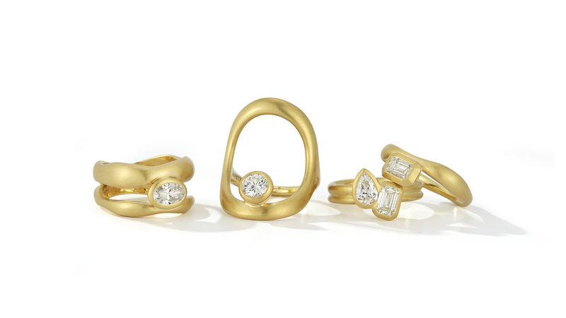 Khadijah Fulton’s 18-karat gold “Touch” collection consists of, from left, the “Hover” ring with a 0.70-carat oval-cut diamond ($9,750 retail), the 0.70-carat “Diamond Continuity” ring ($11,690), the “Toi Et Moi” ring with an a 0.71-carat emerald-cut diamond and a 0.57-carat pear ($11,850), and the “Solitaire” ring featuring a 0.73-carat emerald-cut diamond.