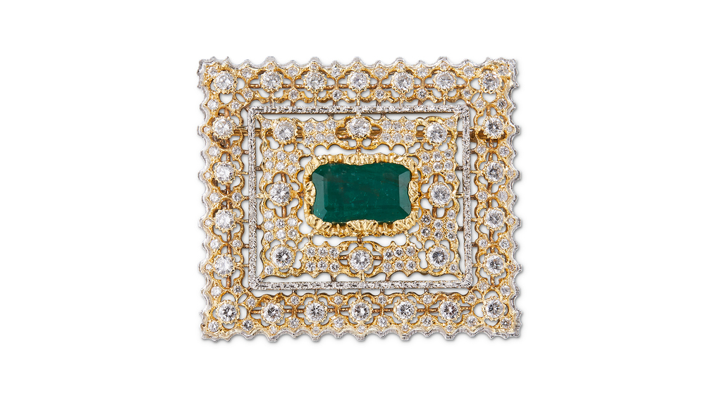 This “Arazzo” brooch, circa 1994, features a 6.76-carat emerald. This “Arazzo” brooch, circa 1994, features a 6.76-carat emerald.