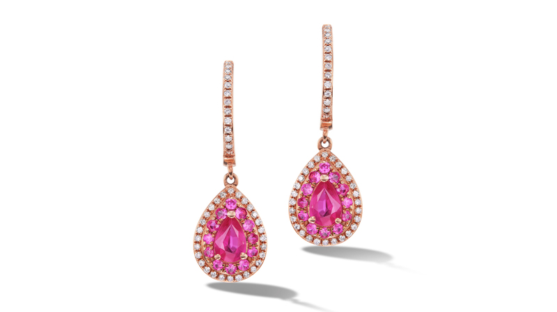 Sheryl Jones 14-karat rose gold earrings with hot-pink sapphires and diamonds