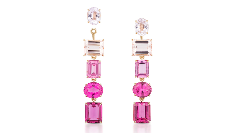 Serpentine Jewels 18-karat gold convertible drop earrings with 6.48 carats of morganite, 9.64 carats of kunzite, and 24.26 carats of rubellite (price available upon request)