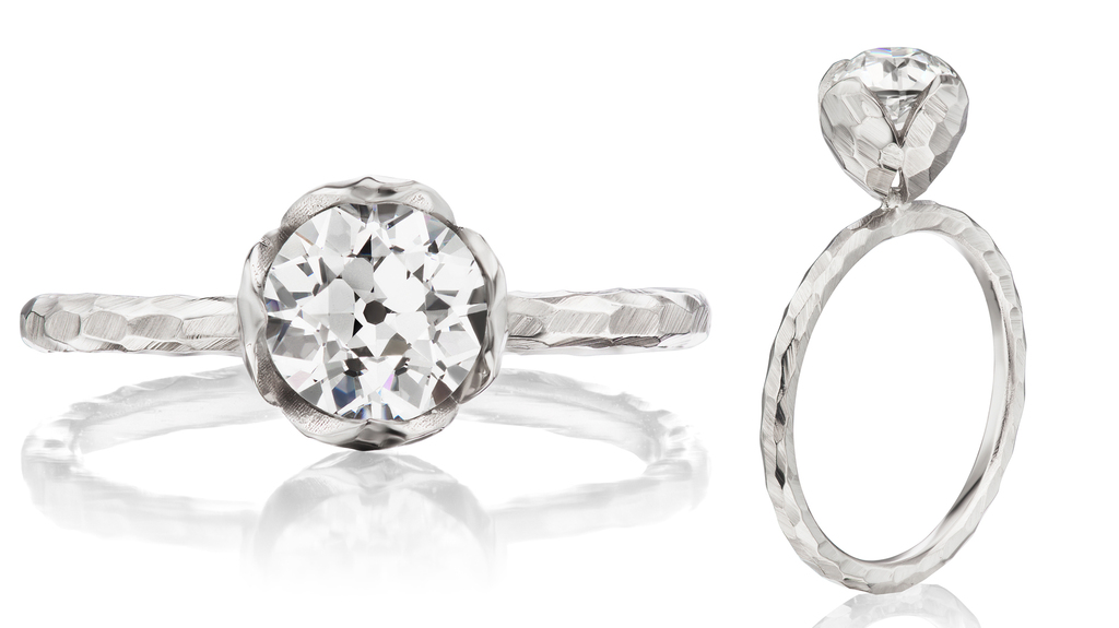Petal-Set Solitaire Hammered Ring in 18-karat Fairmined palladium white gold and 0.99-carat old European cut diamond ($12,550) Petal-Set Solitaire Hammered Ring in 18-karat Fairmined palladium white gold and 0.99-carat old European cut diamond ($12,550)