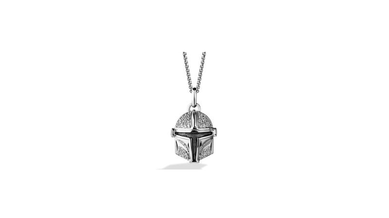 The sterling silver “The Mandalorian” visor pendant features black rhodium and round-cut diamonds ($379.99).