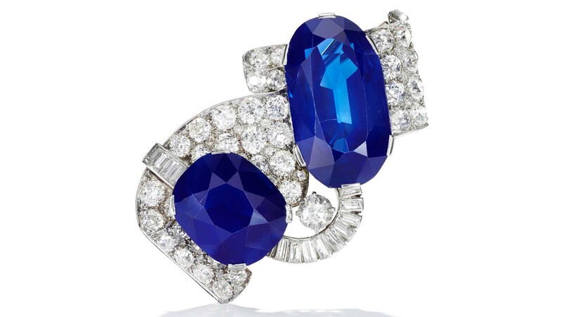 A 1930s sapphire and diamond brooch, featuring the largest Kashmir sapphire ever to appear at auction—a 55.19-carat oval gem—and a 25.97-carat cushion-shaped Kashmir sapphire (pre-sale estimate between $2 million and $3 million)