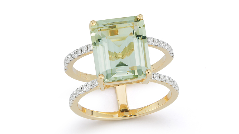 <a href="https://mateonewyork.com/products/14kt-double-shank-green-amethyst-ring?variant=42072997691617" target="_blank">Mateo </a> double shank green amethyst ring with diamonds set in 14-karat yellow gold ($2,390)