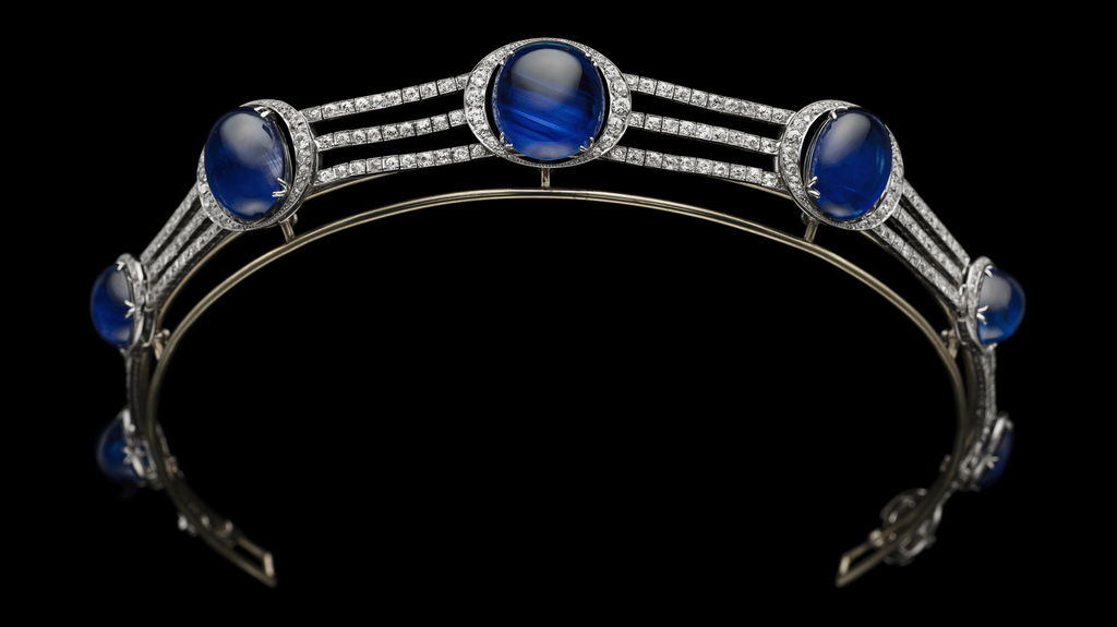 A transformable headband/collier de chien, c. 1921, by maker Michel Ballada for Chaumet, and set with seven oval cabochon Ceylon sapphires, graduating in size—the largest weighing 47.34 carats—along three diamond-set lines and within crescent-shaped surrounds. An 8.20-carat sugarloaf sapphire decorates the clasp. Private collection / Courtesy of Albion Art Jewellery Institute, Japan.
