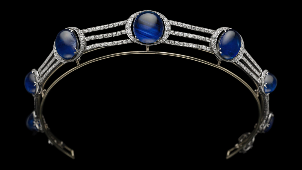 A transformable headband/collier de chien, c. 1921, by maker Michel Ballada for Chaumet, and set with seven oval cabochon Ceylon sapphires, graduating in size—the largest weighing 47.34 carats—along three diamond-set lines and within crescent-shaped surrounds. An 8.20-carat sugarloaf sapphire decorates the clasp. Private collection / Courtesy of Albion Art Jewellery Institute, Japan. A transformable headband/collier de chien, c. 1921, by maker Michel Ballada for Chaumet, and set with seven oval cabochon Ceylon sapphires, graduating in size—the largest weighing 47.34 carats—along three diamond-set lines and within crescent-shaped surrounds. An 8.20-carat sugarloaf sapphire decorates the clasp. Private collection / Courtesy of Albion Art Jewellery Institute, Japan.