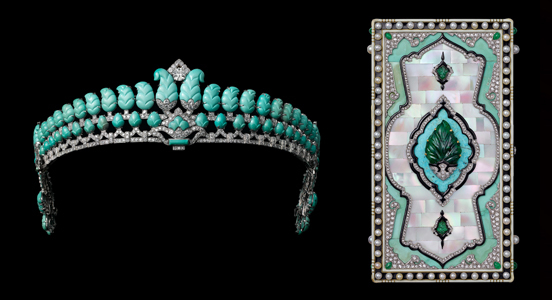 At left is a special-order Cartier London tiara circa 1936, made with platinum, diamonds, and turquoise, sold to the Honorable Robert Henry Brand (Vincent Wulveryck, Cartier Collection, © Cartier), and at right is a Cartier Paris vanity case circa 1924, made with gold, platinum, parquetry of mother-of-pearl, turquoise, emeralds, pearls, diamonds, and black and cream enamel (Nils Herrmann, Cartier Collection, © Cartier) At left is a special-order Cartier London tiara circa 1936, made with platinum, diamonds, and turquoise, sold to the Honorable Robert Henry Brand (Vincent Wulveryck, Cartier Collection, © Cartier), and at right is a Cartier Paris vanity case circa 1924, made with gold, platinum, parquetry of mother-of-pearl, turquoise, emeralds, pearls, diamonds, and black and cream enamel (Nils Herrmann, Cartier Collection, © Cartier)