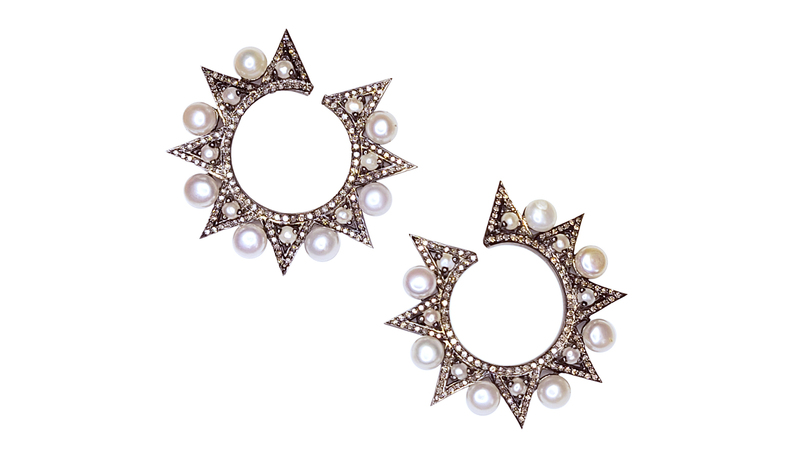 <a href="https://www.normawellingtondesigns.com/" target="_blank">Norma Wellington Designs</a> “Blanc et Noir” freshwater pearl hoop earrings with diamonds set in sterling silver ($1,350)