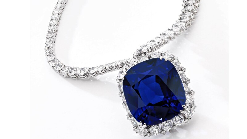 A necklace with a detachable pendant set with a 111.73-carat cushion-shaped Ceylon sapphire ($1.5 million-$2.5 million)