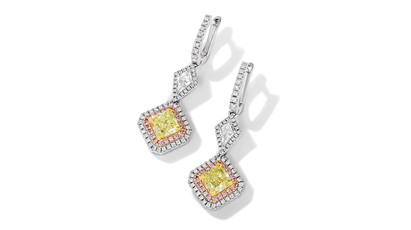 The “Isabelle” earrings in platinum and 18-karat Honey Gold and Strawberry Gold with 2.6 carats of square radiant-shaped natural fancy light Sunny Yellow Diamonds, 0.92 carats of near colorless Vanilla Diamonds, and 0.24 carats of natural fancy light “Strawberry Diamonds” ($41,900)
