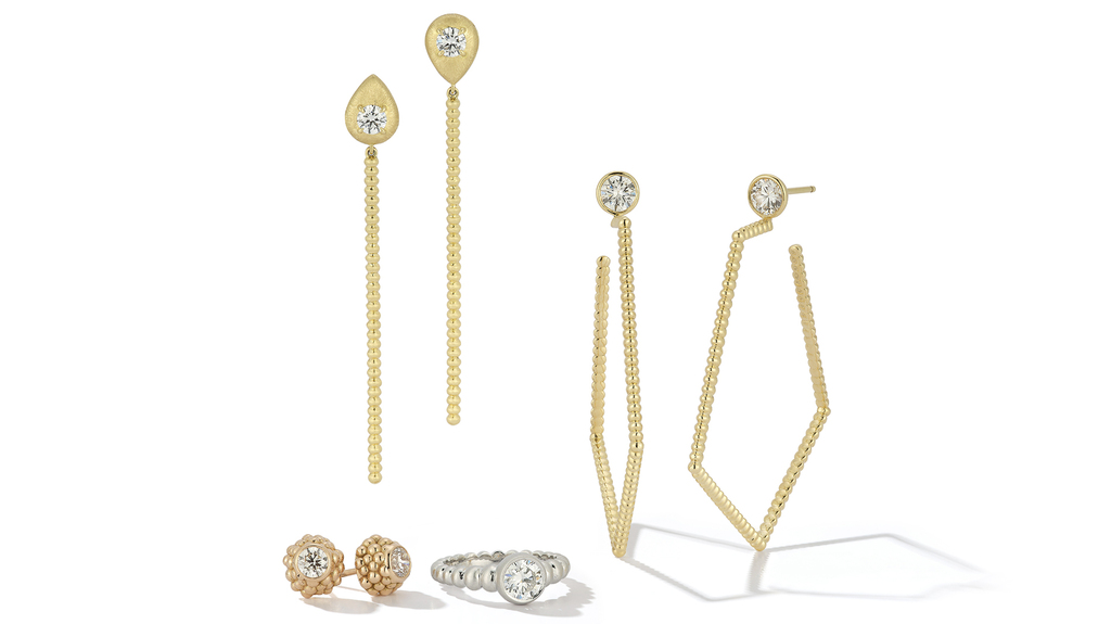 Lola Oladunjoye’s collection, “Beaded” consists of, clockwise from left, the 18-karat gold “Edan Staff” earrings ($8,330 retail), the 18-karat “Pentagon IV” earrings with 1.4 carats of diamonds ($17,275), a 1-carat diamond solitaire ring in 18-karat brushed white gold ($25,775), and the 1-carat total weight “Téton” earrings in 18-karat rose gold ($11,300).