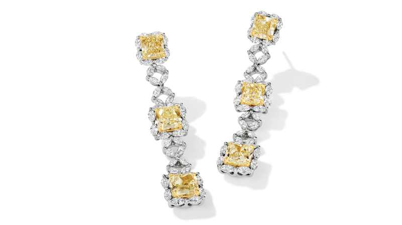 The “Blaine” earrings in platinum and 18-karat Honey Gold with 8.9 carats of radiant-cut Sunny Yellow Diamonds and 3.18 carats of Vanilla Diamonds ($84,200)