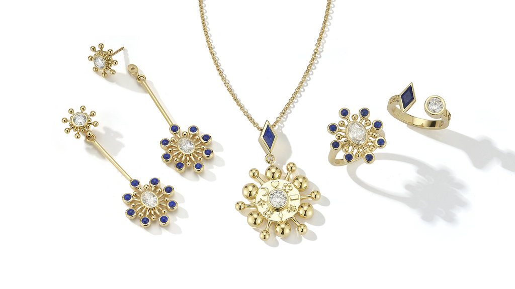 Zulaikha Aziz’s capsule collection consists of, from left, the “Cosmos” earrings in 18-karat Fairmined gold with lapis lazuli and two half-carat oval-cut diamonds ($18,304 retail), the “Bibi” pendant in 18-karat Fairmined gold with lapis and a 0.59-carat diamond ($16,652), the “Cosmos ring in 18-karat Fairmined gold with lapis and a 0.97-carat center stone ($15,732) and the “Zan Symbology ring in 18-karat Fairmined gold with lapis and a half-carat diamond ($10,908).