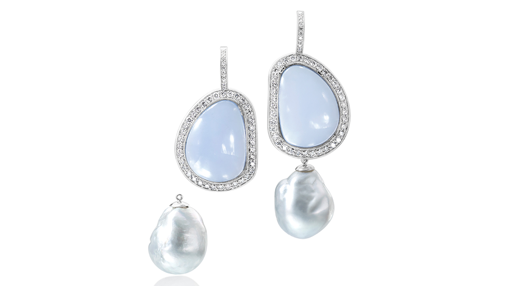 The detachable South Sea baroque pearl, natural Namibian chalcedony, and diamond earrings by Ashleigh Branstetter of Ashleigh Branstetter