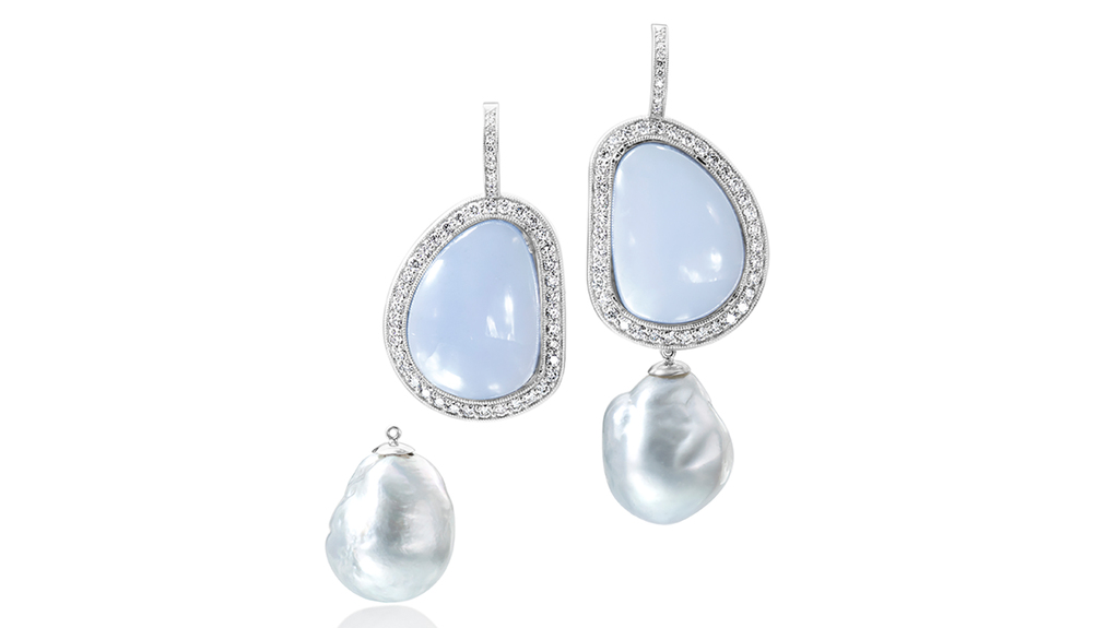 The detachable South Sea baroque pearl, natural Namibian chalcedony, and diamond earrings by Ashleigh Branstetter of Ashleigh Branstetter The detachable South Sea baroque pearl, natural Namibian chalcedony, and diamond earrings by Ashleigh Branstetter of Ashleigh Branstetter