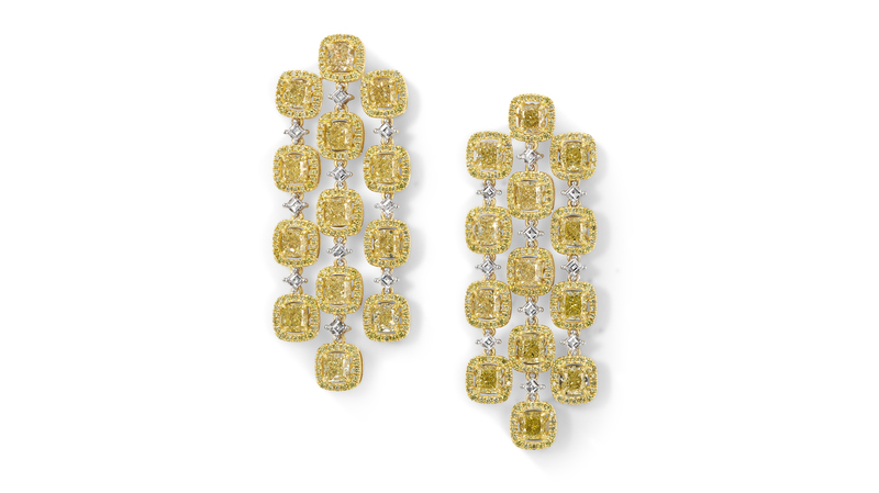 The “Ava” earrings in platinum and 18-karat “Honey Gold” feature 18.63 carats of natural fancy light to “Sunny Yellow Diamonds,” as well as 1.43 carats of “Vanilla Diamonds” ($93,300)