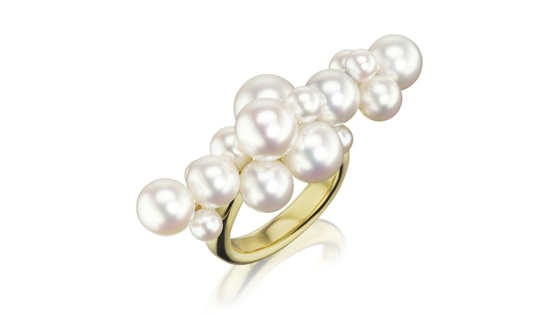 <a href="https://assael.com/" target="_blank">Sean Gilson for Assael</a> linear bubble ring with Japanese Akoya cultured pearls in 18-karat yellow gold ($7,800)