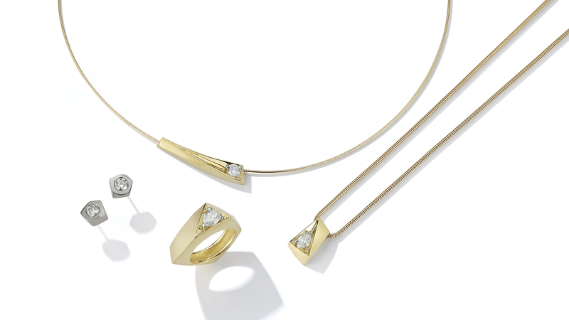 Pieces in Melanie Eddy’s “Vega” capsule collection include, clockwise from left, the “Altair” stud earring ($7,200), the “Deneb” slide necklace ($10,640), the “Vega” drop necklace ($8,680), and the “Vega” ring ($16,440).