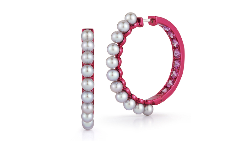 <a href="https://katherinejetter.com/" target="_blank">Katherine Jetter</a> pink sapphire and freshwater seed pearl hoops with pink rhodium in 18-karat gold ($9,240)
