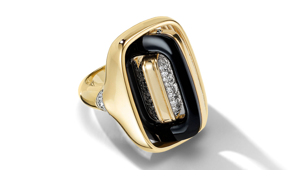Francesca Villa’s “Iced Getaway Ring” has two rotating parts for four different combinations: an all-black version with black diamonds and onyx, an all-white version with white diamond pavé, an onyx and white diamond configuration, and black diamond and white diamond configuration.
