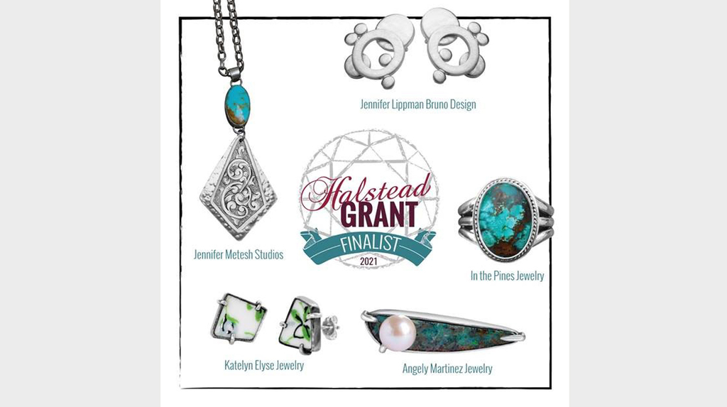 Designs from 2021 finalists (clockwise from top left) Jennifer Metesh Studios, Jennifer Lippman Bruno Design, In the Pines Jewelry, Angely Martinez, and Katelyn Elyse Jewelry Designs from 2021 finalists (clockwise from top left) Jennifer Metesh Studios, Jennifer Lippman Bruno Design, In the Pines Jewelry, Angely Martinez, and Katelyn Elyse Jewelry