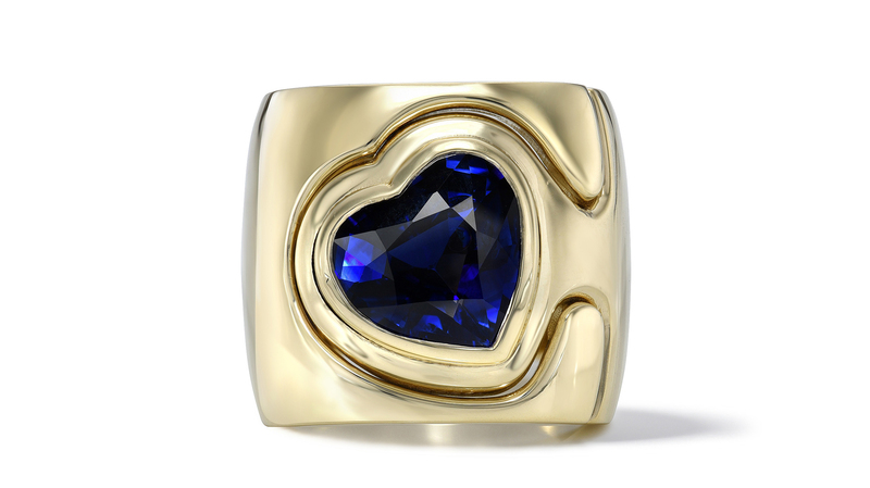 <a href="https://www.retrouvai.com/" target="_blank">Retrouvaí</a> “Impetus” interlocking puzzle ring with blue sapphire in 14-karat yellow gold (price upon request)