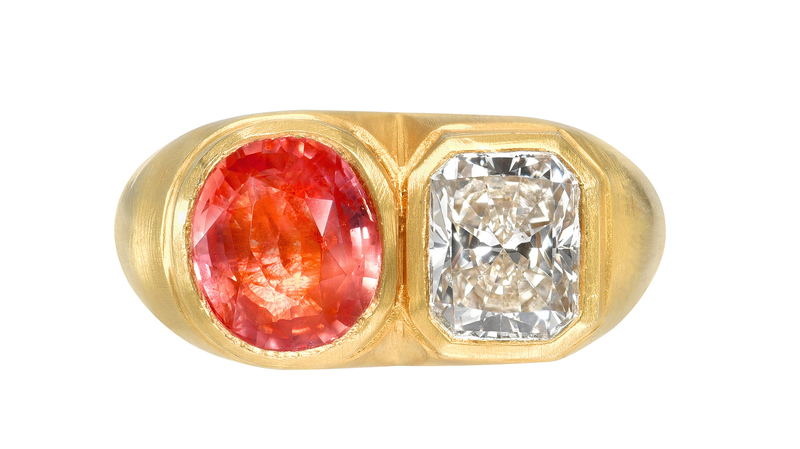 <a href="https://dariusjewels.com/collections/rings/products/one-of-a-kind-double-padparadscha-sapphire-diamond-ring" target="_blank">Darius</a> one-of-a-kind double Padparadscha sapphire and diamond ring set in 18-karat yellow gold ($45,500)