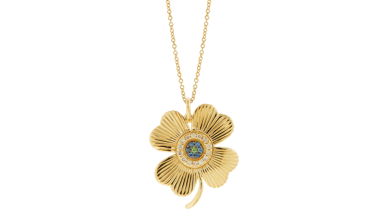 Ileana Makri 18-karat yellow gold Lucky Clover Eye pendant with pavé champagne diamonds, blue sapphires, and tsavorite garnet ($2,500)