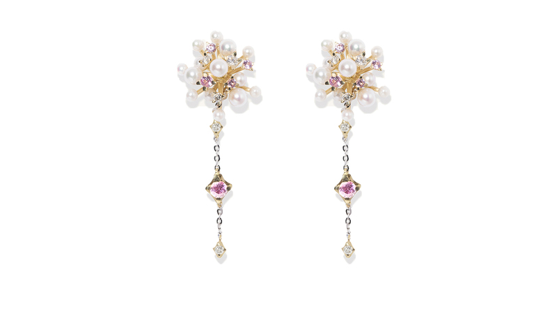 <a href="https://en.milamorejewelry.com/" target="_blank">Milamore</a> “Candy Hanabi Sky Rocket Earrings” in 18-karat yellow gold with Akoya pearls, diamonds and sapphires ($7,000 per pair)
