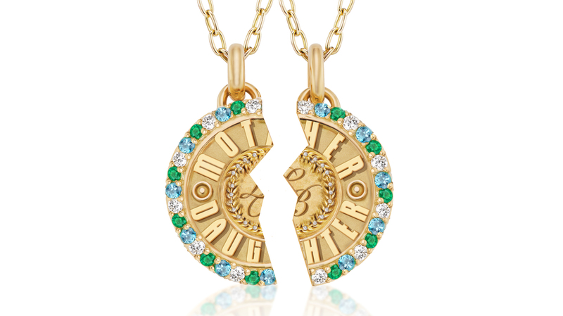 <a href="https://brionyraymond.com/" target="_blank"> Briony Raymond</a> 18-karat yellow gold “Mother Daughter” medallion set with aquamarines, emeralds, and diamonds ($12,500)
