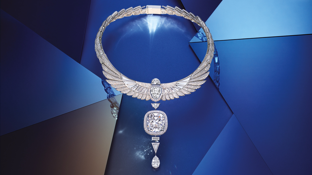 Sourcing the diamonds in the Akh-Ba-Ka collar proved to be a family affair. Valérie Messika’s father André and brother Ilan acquired the 110-carat rough stone in early 2020. “When we won the tender, we were all very happy and surprised. It was the first time that we won a rough diamond of such a large size and of this quality.” Ilan oversaw the intricate mapping and cutting process in what represents a career feat. (Image courtesy of Stephen Lewis) Sourcing the diamonds in the Akh-Ba-Ka collar proved to be a family affair. Valérie Messika’s father André and brother Ilan acquired the 110-carat rough stone in early 2020. “When we won the tender, we were all very happy and surprised. It was the first time that we won a rough diamond of such a large size and of this quality.” Ilan oversaw the intricate mapping and cutting process in what represents a career feat. (Image courtesy of Stephen Lewis)