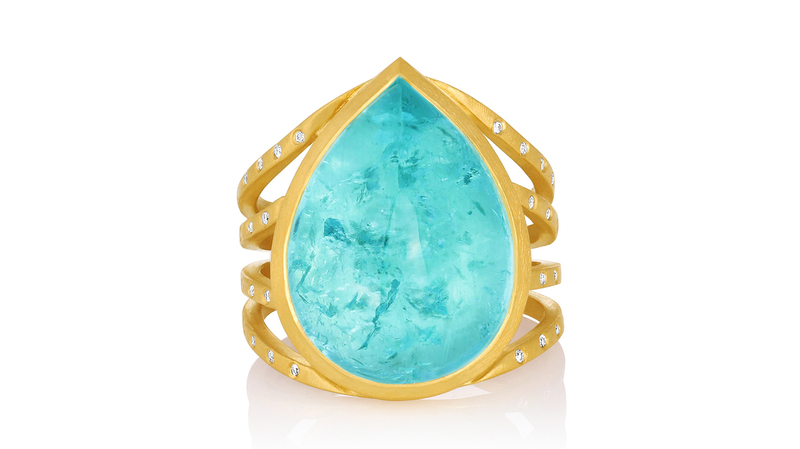 <a href="https://dalehernsdorf.com/" target="_blank">Dale Hernsdorf </a> “Juno Ring” in 22-karat yellow gold with 20.42-carat pear-shaped Mozambican tourmaline (price available upon request)