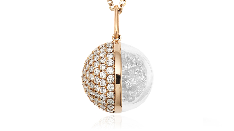 <a href="https://moritzglik.com/products/sol-15-necklace?_pos=1&_sid=8a59221ed&_ss=r" target="_blank"> Moritz Glik</a> necklace with diamonds set and enclosed in a white sapphire Kaleidoscope Shaker in 18-karat gold ($12,900)