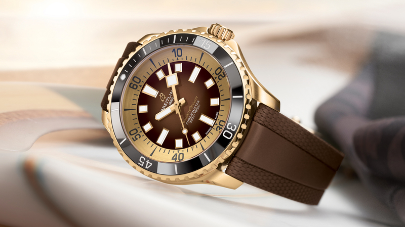 The Breitling SuperOcean Automatic 44 is available in a stainless steel case and choice of black, blue, turquoise, or green dial; or a bronze case with brown dial.