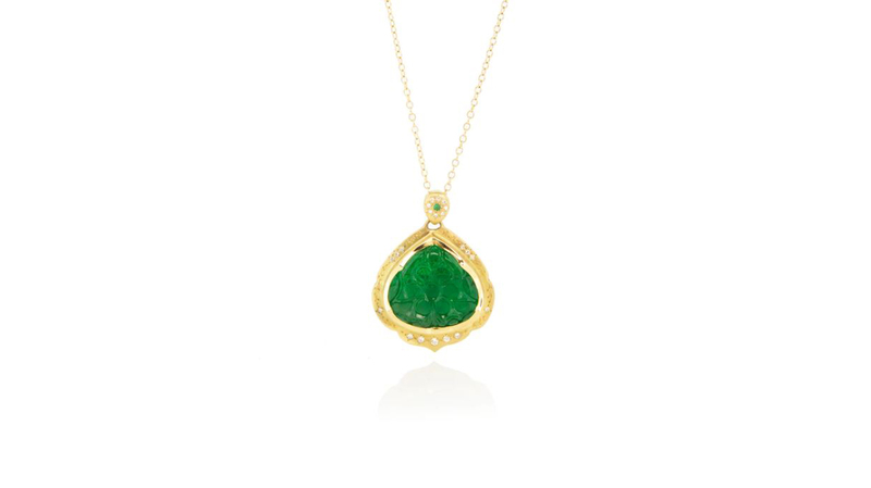<a href="https://www.chefridi.com/products/floral-carved-emerald-pendant?_pos=1&_sid=248b58f0e&_ss=r" target="_blank"> Adel Chefridi</a> floral carved emerald necklace with diamonds set in 18-karat yellow gold ($8,000)