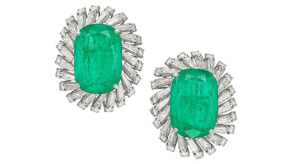 Colombian emerald, diamond, and platinum convertible clip brooches previously belonging to actress Mitzi Gaynor (Image courtesy of HeritageAuctions, HA.com)