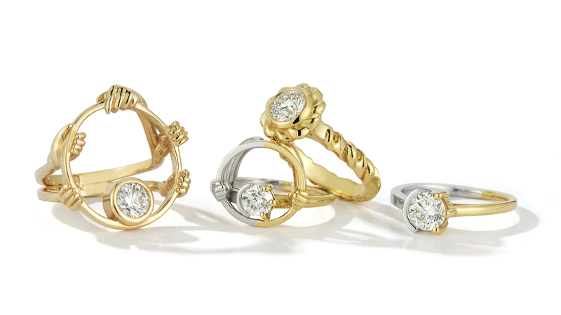 The pieces in Sara Bautista’s capsule collection, “Realize True Riches” are, from left, the 18-karat gold “Paradigm” ring with a 0.79-carat diamond ($12,420 retail), the 18-karat gold “Portals” ring with a half-carat diamond ($6,085), the 18-karat yellow gold “Opposites Attract” ring with a 0.84-carat diamond ($9,820) and “Dealer’s Choice” in gold and platinum with a 0.74-carat diamond ($9,264).