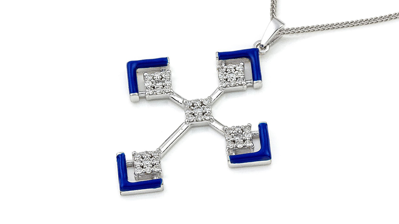 This 14-karat white gold, diamond, and enamel pendant necklace by Katerina Marmagioli is valued at $2,650 and has a minimum bid of $1,300.