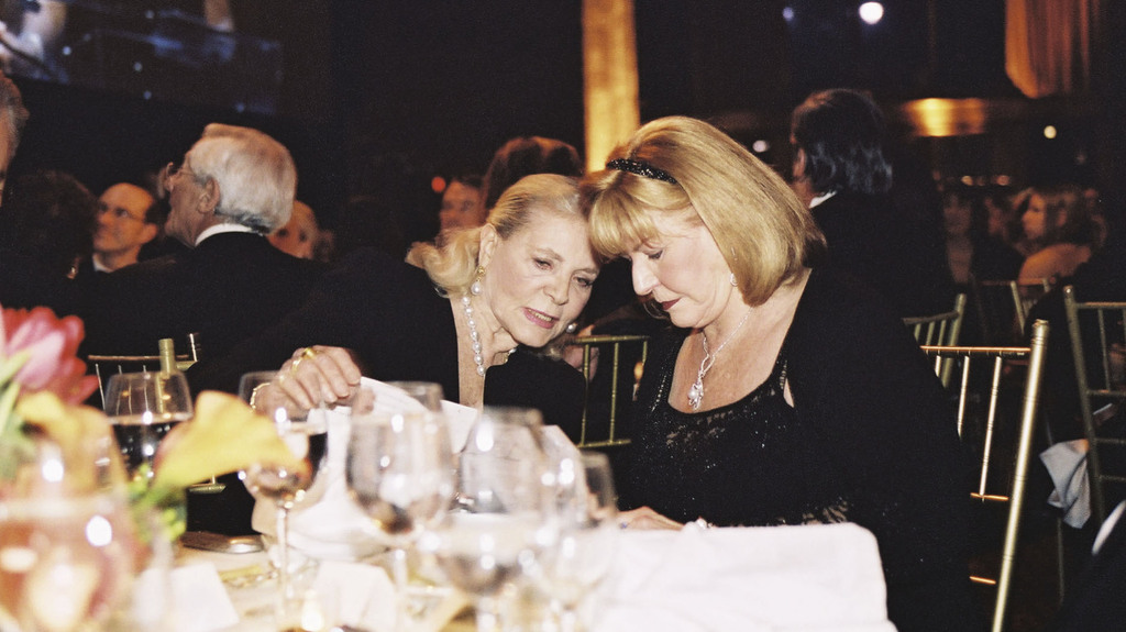 Helene Fortunoff, right, with actress Lauren Bacall at the 2006 Gem Awards, where Helene received the Lifetime Achievement Award. Bacall, a longtime spokesperson for Fortunoff’s, introduced Helene at the gala.