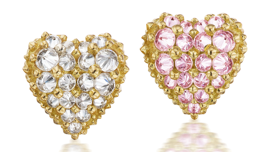 AnaKatarina “Pierce Your Heart” stud earrings in 18-karat gold with inverted diamonds and pink sapphires ($2,780)