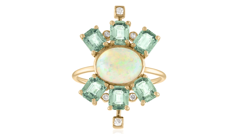 <a href="https://loriannjewelry.com/" target="_blank">Loriann Jewelry</a> “Double Crown” statement ring with green sapphires, Ethiopian opal and diamonds set in 14-karat yellow gold ($1,970)