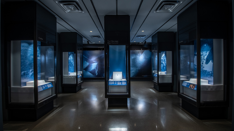 The Okavango Blue Diamond, pictured here in the center display, is part of a presentation about the variety of natural diamonds found in Botswana. (Photo credit: D. Finnin/©AMNH)