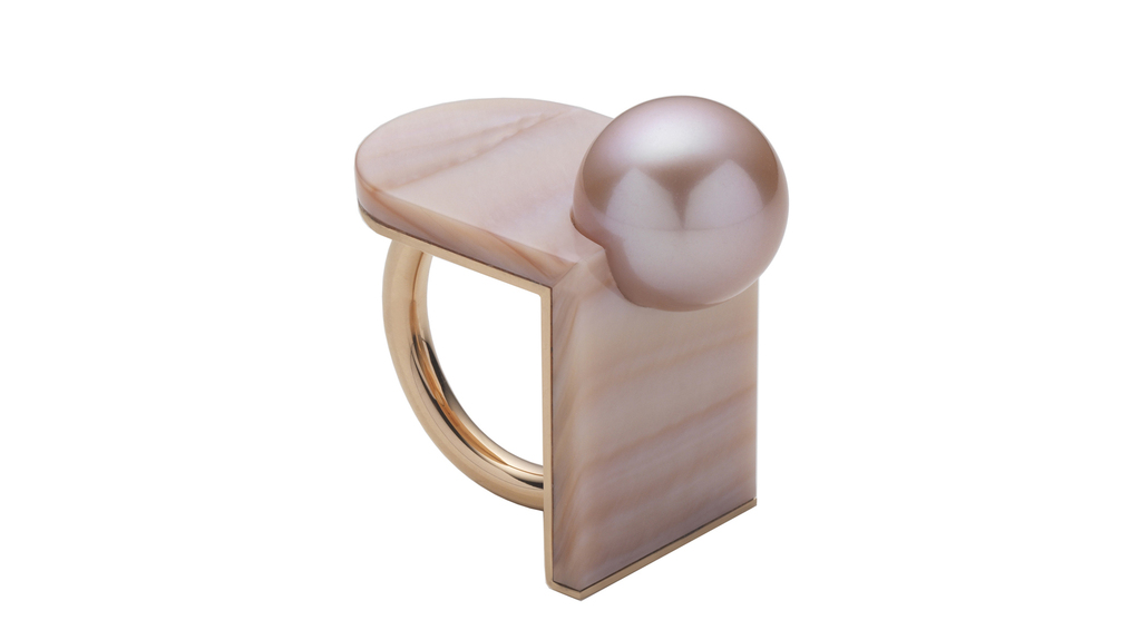 The “Corner Pearl Nacre Ring” by Melanie Georgacopoulos The “Corner Pearl Nacre Ring” by Melanie Georgacopoulos