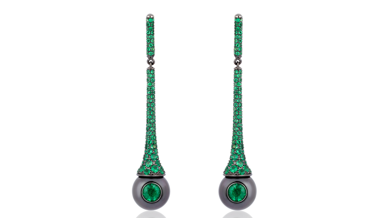 W. Rosado haute joaillerie emerald earrings with Tahitian pearls set in 18-karat black rhodium-plated gold ($47,800)