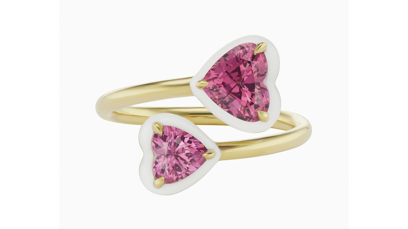 <a href="https://www.emilypwheeler.com" target="_blank"> Emily P. Wheeler</a> 18-karat yellow gold “Elsa” ring with pink spinel and white enamel ($3,200)