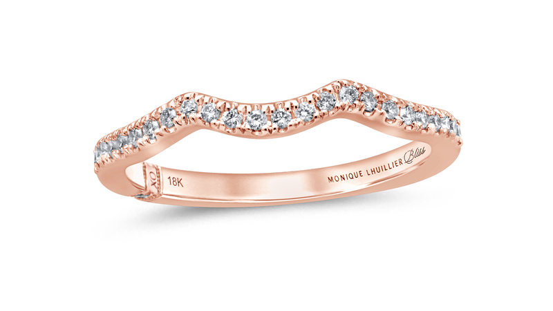 An 18-karat rose gold 0.25-carat diamond contour band ($999.99). The Monique Lhuillier Bliss collection includes more than 60 engagement ring and wedding band styles.