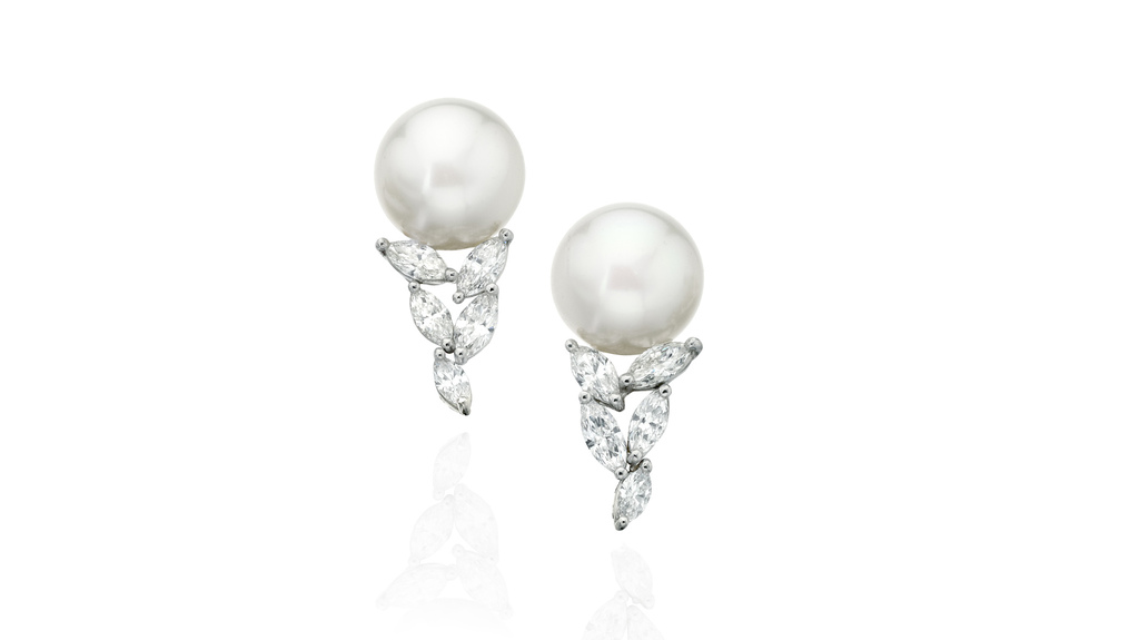 What’s trending in terms of wedding-day jewelry? Panelists on a recent National Jeweler webinar on engagement ring trends said diamonds and pearls. Assael’s “La Feuille” earrings ($11,900) with South Sea cultured pearls and 1.22 carats of marquise-cut diamonds have both. What’s trending in terms of wedding-day jewelry? Panelists on a recent National Jeweler webinar on engagement ring trends said diamonds and pearls. Assael’s “La Feuille” earrings ($11,900) with South Sea cultured pearls and 1.22 carats of marquise-cut diamonds have both.