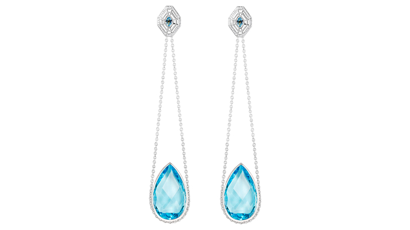 <a href="https://benedictedeboysson.com/" target="_blank">Bénédicte de Boysson Marquise Des Anges</a> sky blue topaz pear hanging earrings in 18-karat white gold ($7,500)