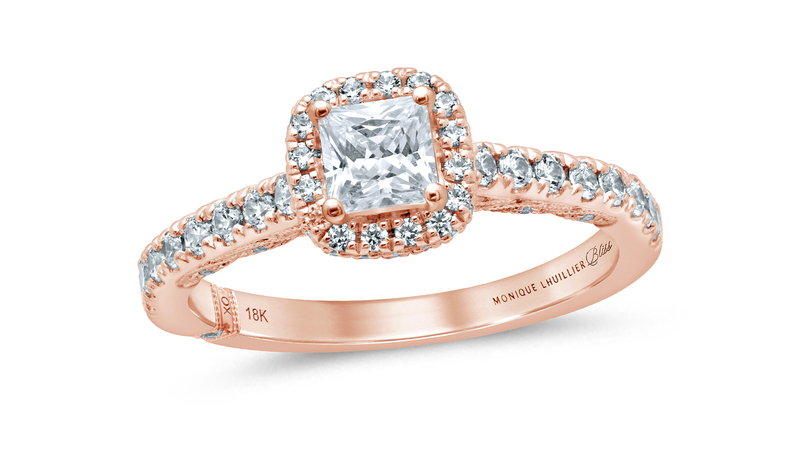 There are rose gold styles, like this 18-karat rose gold 7/8 total carat weight princess-cut diamond engagement ring ($3,999.99).