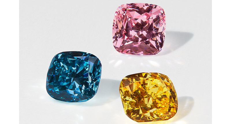 In early 2020, Swarovski introduced a line of colored lab-grown diamonds that seem intended for fashion jewelry. Three of the 16 shades offered are, clockwise from top right, “Couture Dragon,” “Draped Fire” and “Velvet Pool.” (© Swarovski)